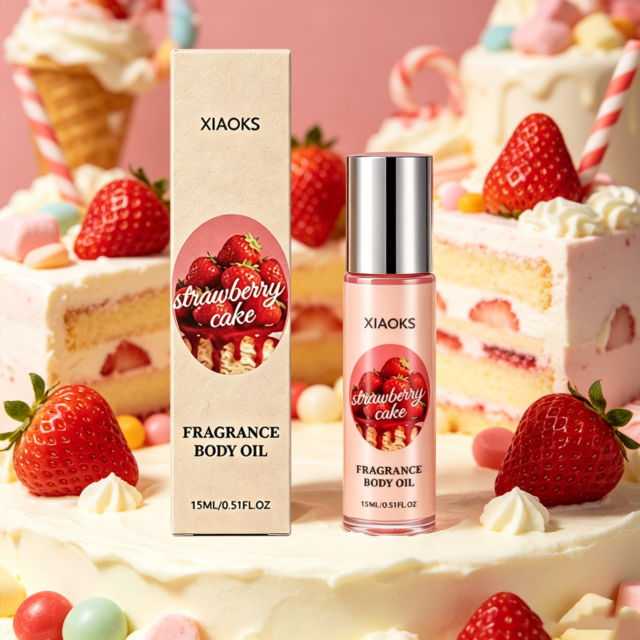 Perfume Fragrance Enhancer - 1本のストロベリーケーキ型スイートロールオン香水 - 魅力的なフローラルロールオンフレグランス、甘いストロベリーケーキの香り、甘い香り、魅力を高める長持ちする香り、男性を惹きつけるバレンタインデーやカップルの日ギフト、スタイリッシュなグラデーションガラスボトルデザイン、デートやカジュアルウェアに最適、フレッシュでフルーティーなフローラルの香り、あなたの完璧な選択。