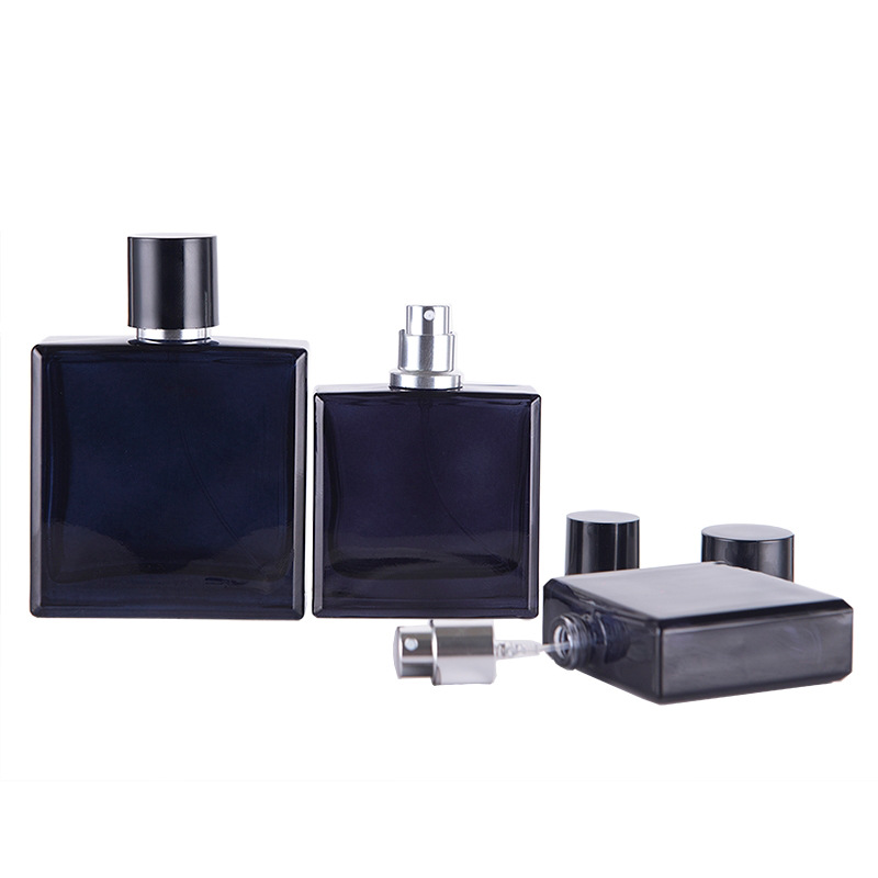 Perfume Fragrance Story - 透明な正方形の平らなガラスの香水スプレーボトル,化粧品用の詰め替え可能な容器,ポータブルトラベルアトマイザー,ディスペンサー,ダークブルー,30 ml, 50ml